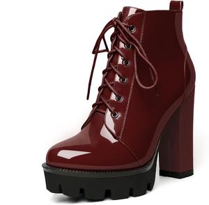 Женские ботильоны на платформе Esvowido с круглым носком, шнуровкой, грубой высокообъемной подошвой, боковой молнией и мехом, короткие ботинки на высоком каблуке, Burgundy