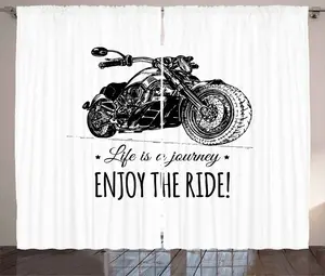 Штора в деревенском стиле Наслаждайтесь поездкой от ABAKUHAUS, нарисованный вручную мотоцикл, универсальная тесьма для гостиной с петлями и крючками, 280 x 245 см, черно-белая Abakuhaus