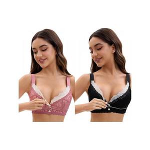 2 упаковки женских мягких бюстгальтеров без косточек с кружевом, полным покрытием, V-образным вырезом и регулируемыми бретелями Inspire Chic, Dusty Pink Black