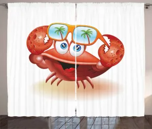 Штора ABAKUHAUS Краб в деревенском стиле, солнцезащитные очки в виде комического талисмана, универсальные ленточные шторы для гостиной с петлями и крючками, 280 x 225 см, цвет: ярко-оранжевый, синий Abakuhaus