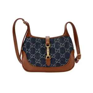 GUCCI Джутовая сумка с кожаной отделкой 1961 полумесяц через плечо женская серо-голубая разноцветная