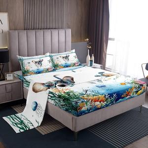 Erosebridal Комплект постельного белья Funny Corgi с морским принтом в синих тонах, Blue White Green Orange Brown Pink