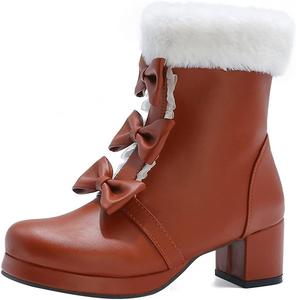 Женские ботильоны VOKLIN в стиле Лолита с бантом, круглым носком, меховой отделкой и молнией, средний каблук, короткие ботинки для платьев, Brown Tan-Velvet Lined