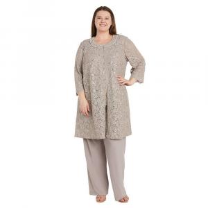 Комплект из 3 брюк R&M Richards размера плюс с фестончатой ​​кромкой, кружевной топ на бретельках и брюки из джерси, цвет Taupe