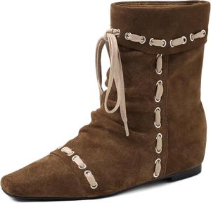 Женские ботильоны со шнуровкой, плоские, широкая голень, закрытый квадратный носок, удобные повседневные ботинки SYHXYHEG, Brown