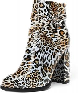 Женские ботильоны SKYSTERRY на высоком каблуке 4 дюйма с круглым носком, для вечеринки, лакированные, на низком подъеме, Gold Leopard