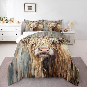 Erosebridal Комплект постельного белья Highland Cow Wildlife Safari из натурального хлопка в деревенском стиле с принтом коровы, Brown Yellow Green