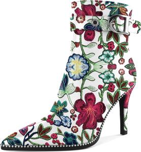 Женские ботильоны Eldof с каблуком-стилетто, молнией и заостренным носком для платья, 3,5 дюйма, Floral Embroidered