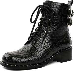 Женские массивные боевые ботинки на шнуровке, с пряжками, заклепками, низким массивным каблуком, повседневные короткие ботильоны Jaffamiraco, Crocodile Black