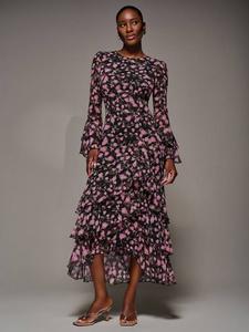 Платье с длинными рукавами и цветочными рюшами Jolie Moi, Pink Floral