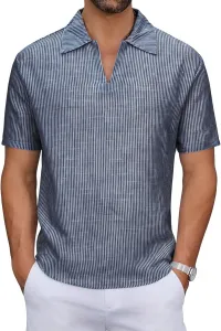 Мужская льняная полосатая футболка с коротким рукавом и V-образным вырезом