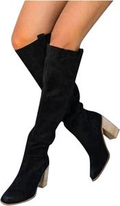 Женские зимние ботинки ZBYY выше колена, длинные модные ботинки для верховой езды на каблуке, замшевые, удобные, с широким голенищем и широкой колодкой, на массивном каблуке, 7 Black