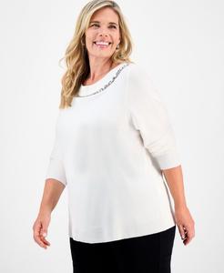 Свитер большого размера с декорированным вырезом-лодочкой, эксклюзивно представлен в Macy's JM Collection, Neo Nautral Combo