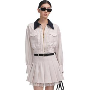 Self-portrait Облегающая куртка на молнии с кружевной отделкой, Light Beige Apricot