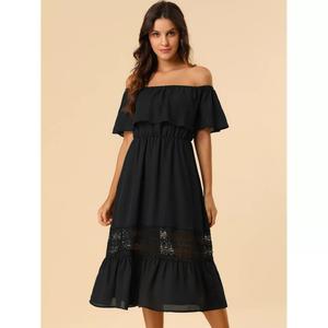 Женское платье макси с развевающимися рукавами и открытыми плечами с рюшами и кружевной вставкой ALLEGRA K