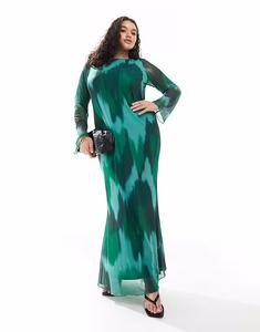 Длинное сетчатое платье-макси Vero Moda Curve с длинными рукавами в темно-зеленом абстрактном стиле