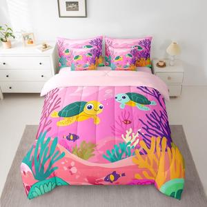Erosebridal Комплект постельного белья King Size с мультяшными черепашками для детей в розовых тонах, Pink Green