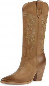 Ковбойские сапоги ISNOM для женщин, сапоги вестерн с заостренным носком и устойчивым каблуком, Matte Light Brown