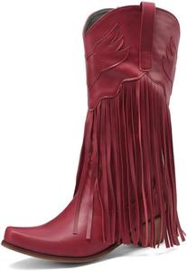 Ковбойские сапоги с бахромой для женщин и девушек - сексуальные средние сапоги с вышивкой и кисточками в западном стиле на платформе с низким каблуком, милые ретро сапоги с заостренным носком и поддержкой свода стопы из кожи для фестиваля EDM Zenrave, Red