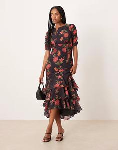 Платье миди Anaya с присборенными рукавами и черным цветочным принтом