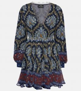 Мини-платье из шелкового жаккарда с объемными рукавами Etro, синий