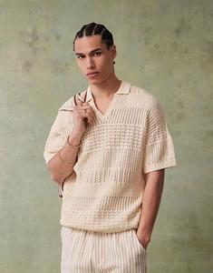 ASOS DESIGN свободная трикотажная рубашка-поло с вырезом-стойкой цвета экрю