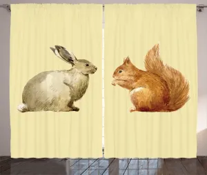 Штора ABAKUHAUS "Белка в деревенском стиле", с рисунком кролика, универсальная ленточная штора для гостиной с петлями и крючками, 280 x 225 см, бежевый и темно-коричневый песочный Abakuhaus