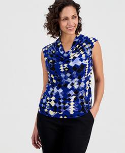 Женская блузка с воротником-хомутом и ромбовидным принтом, стандартный и укороченный размеры Kasper, Blue Multi