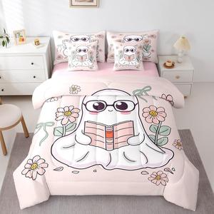 Erosebridal Комплект постельного белья Kawaii Ghost Full с принтом призраков и цветов в готическом стиле, розовый, Pink White