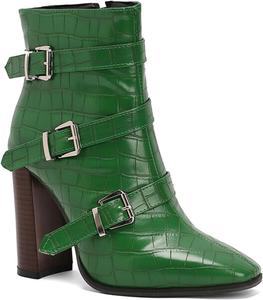 Женские ботинки на шнуровке Alyaafifa с высокими каблуками, закругленным носком и молнией, 4-дюймовый массивный каблук, замшевая кожа, элегантные короткие ботильоны для вечеринок и мероприятий, Green - Buckle