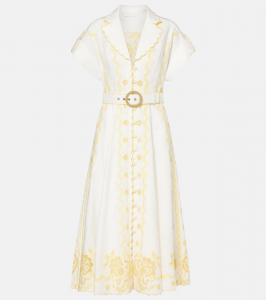 Счастливое платье миди из льна с вышивкой Zimmermann, Ivory/Lemon