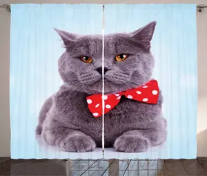 Штора ABAKUHAUS "Кошка в деревенском стиле", серая, шотландская вислоухая, универсальная, для гостиной, с петлями и крючками, 280 x 245 см, светло-голубой, фиолетовый, синий Abakuhaus