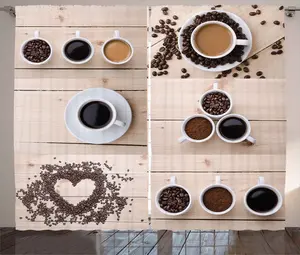 Штора ABAKUHAUS Coffee Rustic, кофейные чашки, закуски, фасоль, присборенная штора из тесьмы для спальни с петлями и крючками, 280 x 245 см, коричнево-черно-бежевый цвет Abakuhaus
