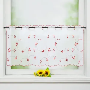 Шторы-кафе Voile с вышитым узором Листья, прозрачные, короткие, для кухни, белые/красные, 60 x 140 см (В x Ш) Joyswahl