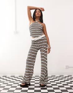 Свободный крой брюк, связанный крючком, черно-бежевый, волнистый Noisy May