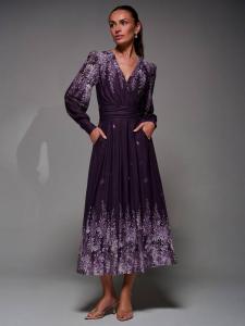 Приталенное платье миди с длинным рукавом и v-образным вырезом из печатной сетки Jolie Moi