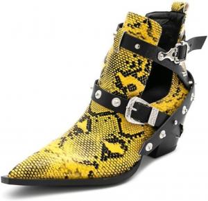 Женские ботильоны Aflngle на массивном каблуке с принтом под змею, заостренные закрытые носки, вырезы, низкий каблук, на резинке, короткие челси, заклепки, вестерн-ковбойский стиль, Yellow