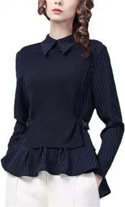 Женская синяя фальшивая двухсоставная рубашка с длинным рукавом в полоску Dndrdhfb