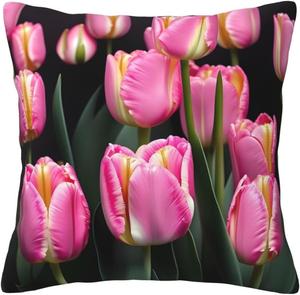 Ogniwo Подушка декоративная с принтом розовых тюльпанов, квадратная, мягкая Pink and Tulips Print