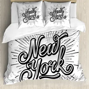 Пододеяльник ABAKUHAUS Vintage, типография Нью-Йорк, защита от клещей, подходит для аллергиков, с наволочками, 155 см x 220 см - 80 x 80 см, черно-белый Abakuhaus