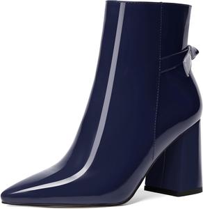 Женские ботильоны AMBELIGHT с острым носком на молнии для свиданий, лаковые, с широким каблуком 3,3 дюйма, Navy Blue