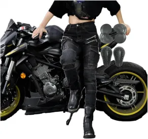 Женские мотоциклетные джинсы с защитой, джинсы на все сезоны, регулируемые наколенники и набедренные защитные элементы CE (2 шт.), для мотопутешествий, Schwarz