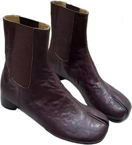 Модные ретро-ботинки Tabi на слипоне для женщин, закрытые ботильоны с раздельным носком, с эластичной вставкой, из натуральной кожи, с массивным блочным низким каблуком, стиль ковбойка, повседневный уличный стиль XU RI Happy Bird, Coffee - Leather