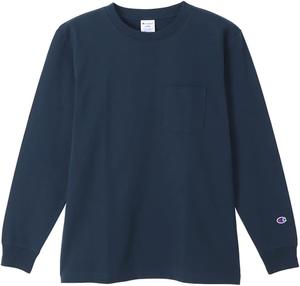 Мужская футболка с длинным рукавом Champion C3-W401Z, круглый вырез, 100% хлопок, карман, базовая модель, темно-синий