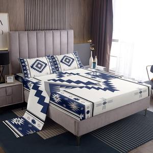 Erosebridal Boys Western Aztec Full Size Flat Fitted Sheet, Tribal Southwestern Geometric Bed Sheets Set for Kids Teens Adults, Exotic Boho Bedding Set, Indian Tribal Bed Sets, 2 Pillowcases, Dark Blue White