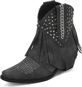 Женские ковбойские ботинки Alsoloveu с бахромой, вышивкой, заостренным носком, массивным каблуком, вестерн-стиля, винтажные ботинки с кисточками, ботильоны, Grey