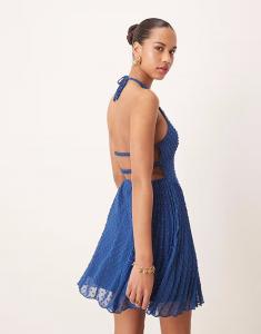 Темно-синее пышное мини-платье с воротником-борцовкой и плиссированными вставками от ASOS DESIGN