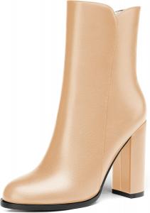 Женские короткие ботильоны WAYDERNS с матовой кожей, круглым носком, молнией, на высоком каблуке-блоке, 4 дюйма, Beige