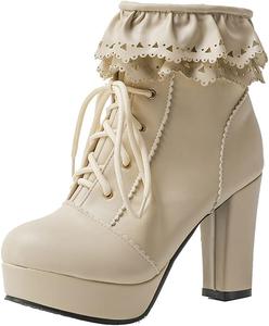 Женские модные ботильоны VOKLIN на высокой платформе с оборками, с круглым носком, шнуровкой и высоким каблуком, короткие праздничные ботинки, Beige-Velvet Lined