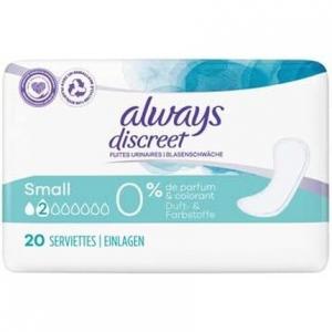 Женские ежедневные прокладки Always Discreet, страдающие недержанием, маленькие, 20 прокладок, без ароматизаторов и красителей